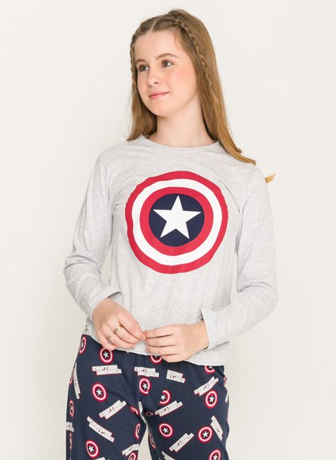 pijama feminino juvenil marvel capitao america manga longa 1