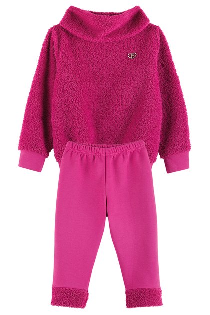Conjunto Infantil Menina Blusão em Pelinho Com Gola boba e Aplique Pink