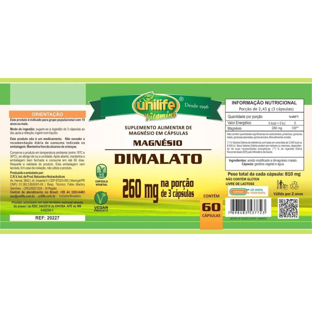 Dimalato Magnésio 260mg (Porção De 3 Cápsulas) 60 Cápsulas