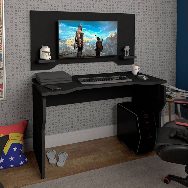 ambiente escrivaninha artany gamer com painel 2 prateleiras preto