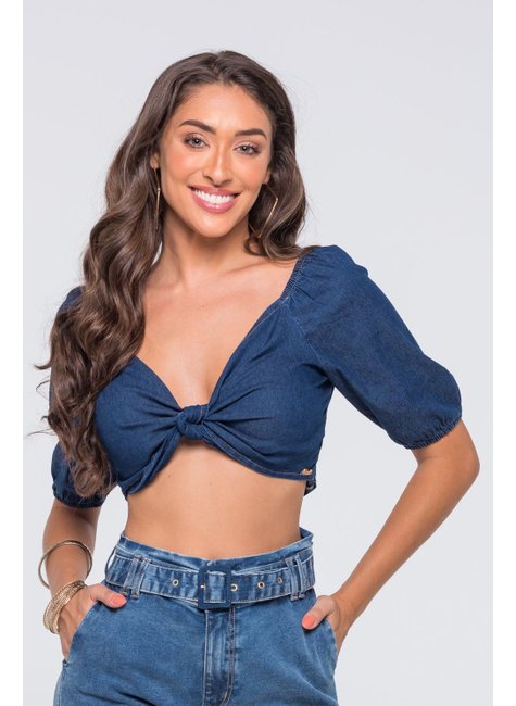 Blusa Cropped Jeans com Amarrações nos Ombros e Lastex nas Costas Azul