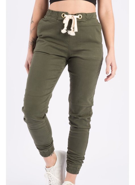 Calça Jeans Jogger com Elástico e Cordão verde Militar - Geração moderna
