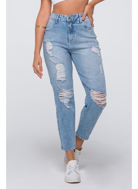calça plus size jeans mom destroyed cintura super alta azul escuro