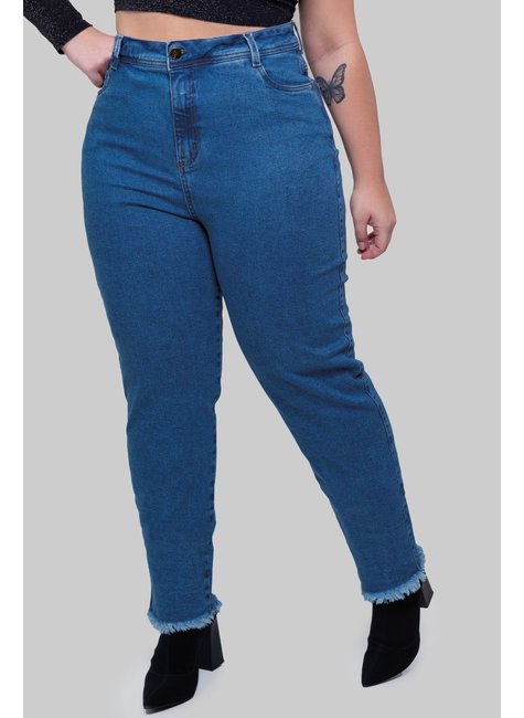 Calça Mom em Jeans com Bolsos e Barra Dobrada Azul