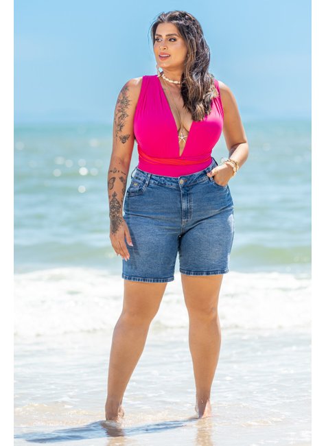 Bermuda Jeans Meia Coxa Empina Bumbum - Jeans Médio - Geração Moderna