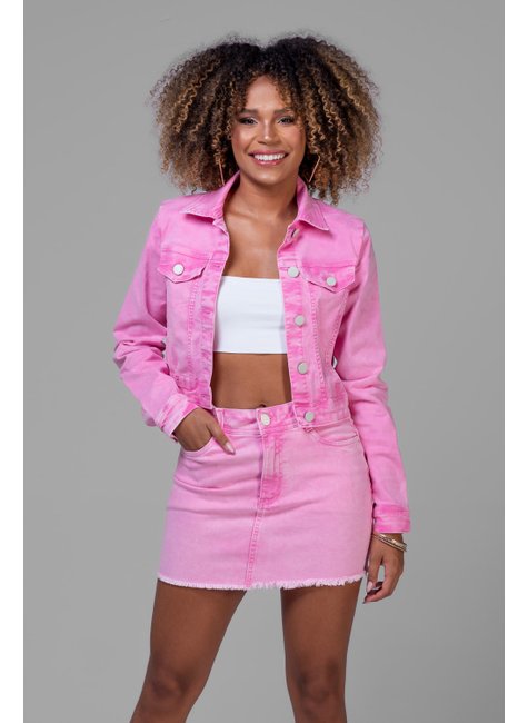 jaqueta cropped feminina em sarja rosa estonado 7241 geracao moderna