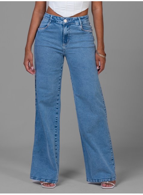 03 calca jeans wide leg com aplicacao de strass