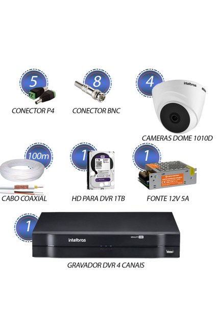 Kit 4 Cameras Dome + DVR 4 Canais + HD 1TB - Intelbras