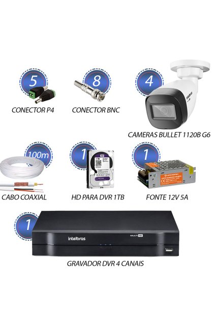 Kit 4 Câmeras Bullet + DVR 4 Canais + HD 1TB - Intelbras