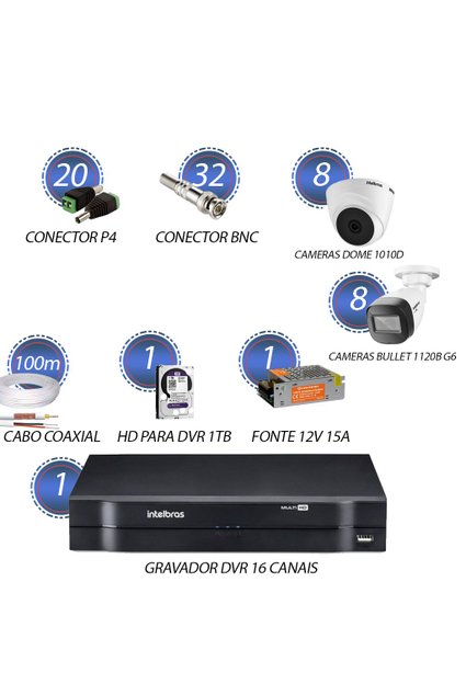 Kit 16 Câmeras + DVR 16 Canais + HD 1TB - Intelbras