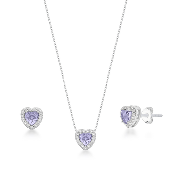 conjunto colar e brinco coracao cravejado lilas prata 925 glamour pratas