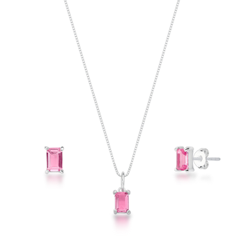 conjunto colar e brinco zirconia retangular rosa prata 925 glamour pratas