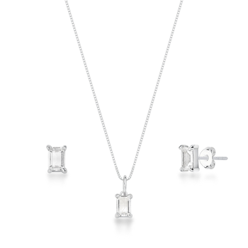 conjunto colar e brinco zirconia retangular cristal prata 925 glamour pratas