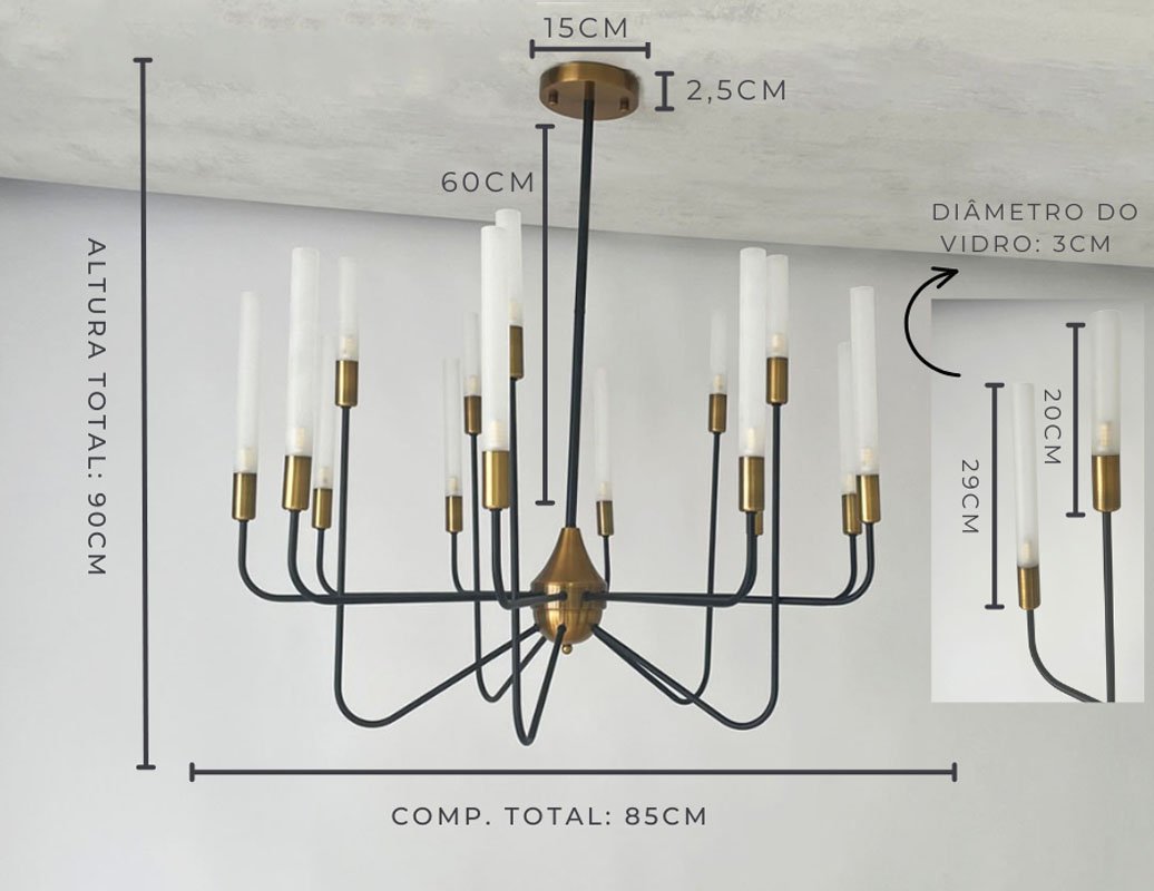 Lustre Candelabro Moderno Preto E Dourado Velho Retrô + Led Cor Branco  Quente 110V