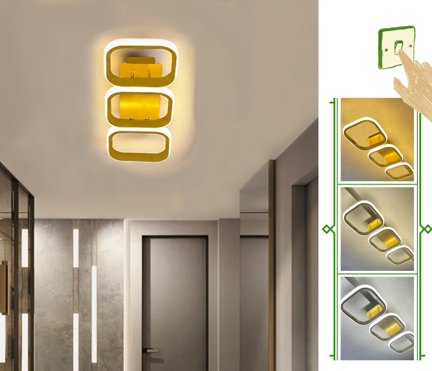 luminaria moderna sobrepor quadrado triplo 3 quadrados dourado corredor cozinha