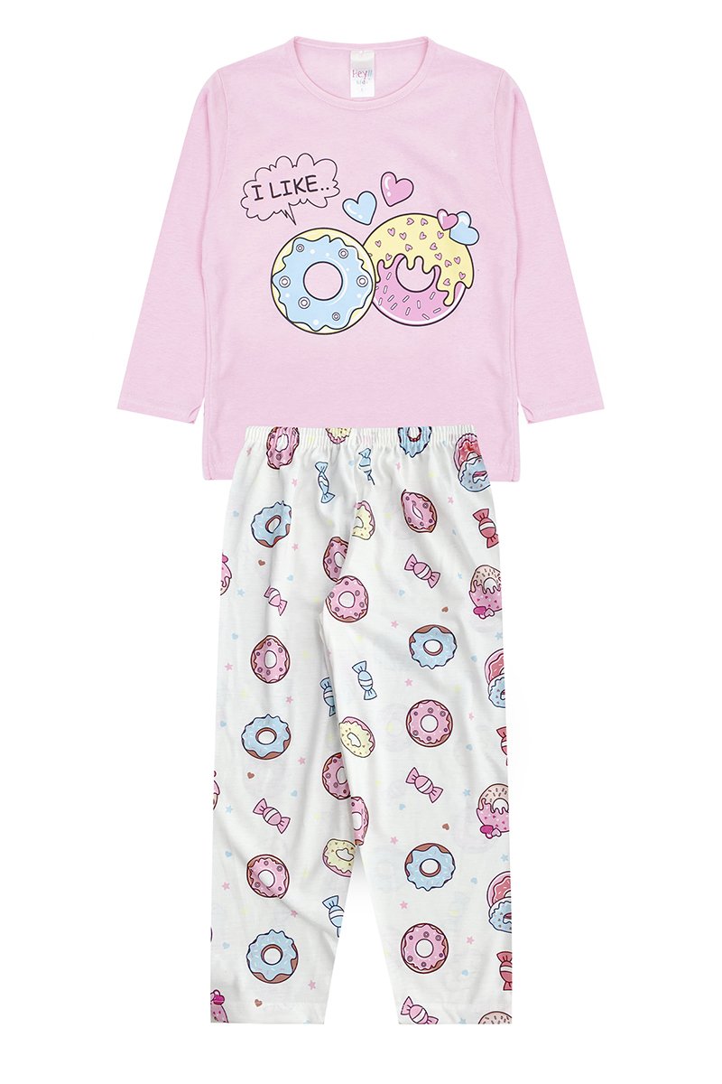 Pijama Infantil Feminino Inverno Donuts - Hey Kids Rosa Claro