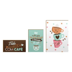 Kit 3 Placas Decorativas Cozinha Xícaras Frases Cheiro do Café  Amor
