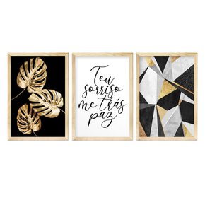 Kit 3 Quadros Decorativos para Quarto Casal Frase Amor Geométrico e Folhas Douradas