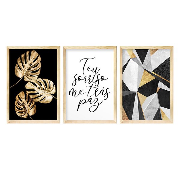 Kit 3 Quadros Decorativos para Quarto Casal Frase Amor Geométrico e Folhas Douradas Kit 3 Quadros Decorativos para Quarto Casal Frase Amor Geométrico e Folhas Douradas