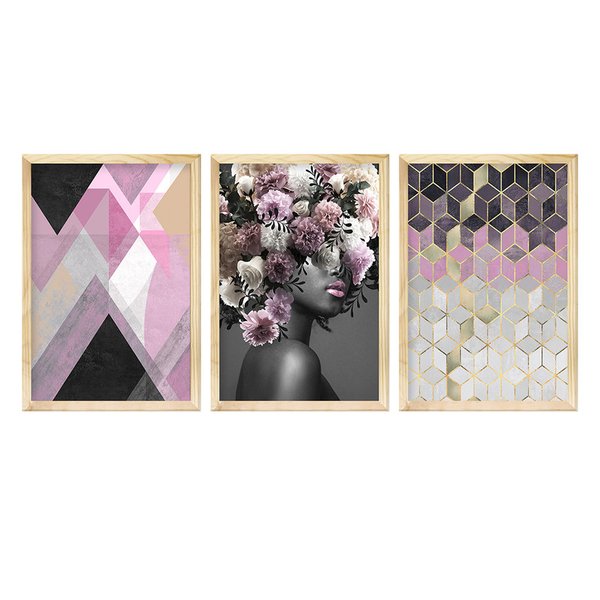 Kit 3 Quadros Decorativos Geométricos Hall de Entrada Rose Mulher Surreal Abstrato Kit 3 Quadros Decorativos Geométricos Hall de Entrada Rose Mulher Surreal Abstrato