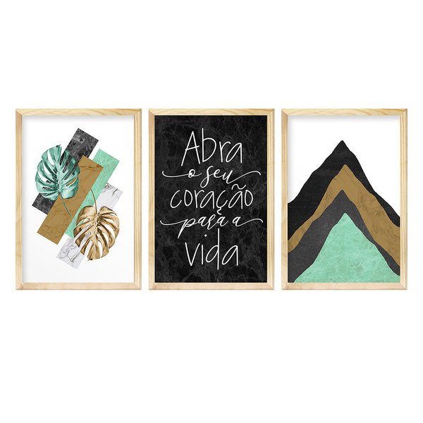Kit 3 Quadros para Decoração de Corredor Frase Inspiração Folhas Verdes Abstrato Kit 3 Quadros para Decoração de Corredor Frase Inspiração Folhas Verdes Abstrato