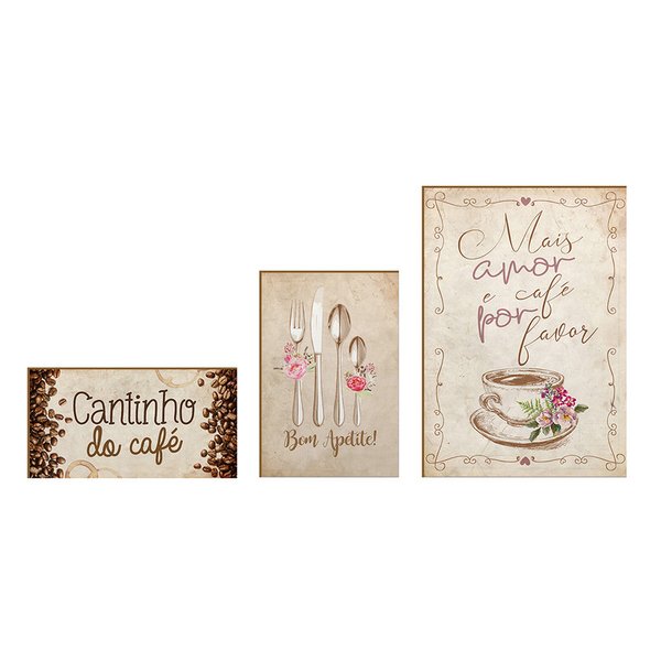 Kit 3 Placas Decorativas Cozinha Vintage Frases Amor por Café Kit 3 Placas Decorativas Cozinha Vintage Frases Amor por Café