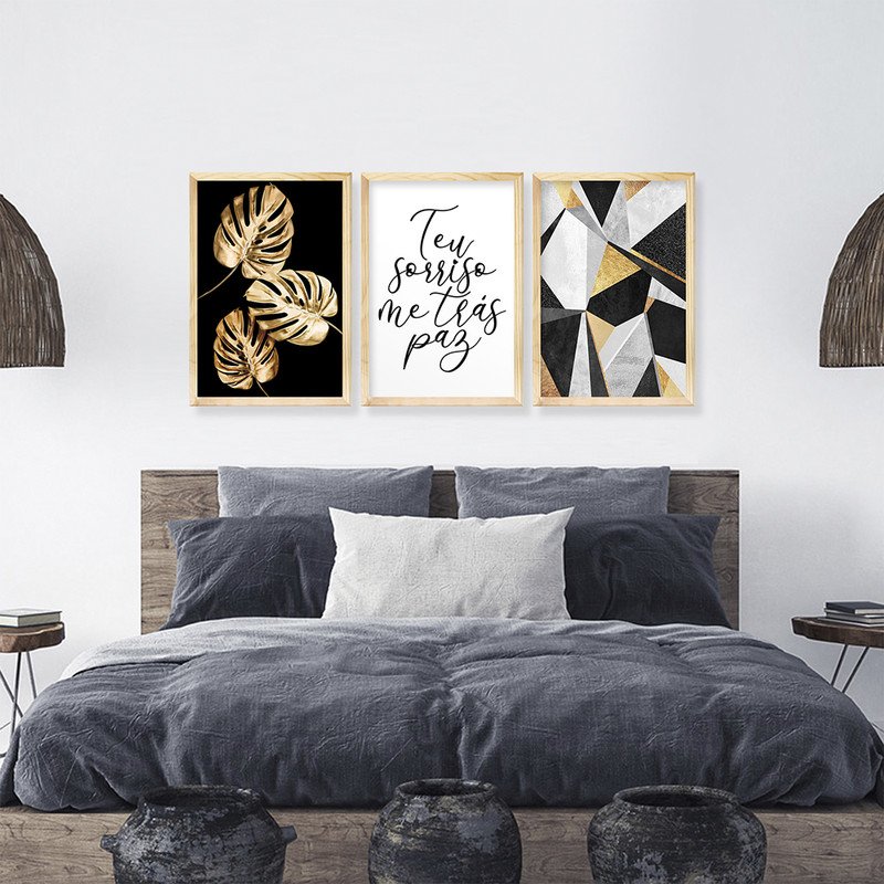 Kit 3 Quadros Decorativos Para Quarto Casal Frase Amor Geométrico E Folhas Douradas Camicado