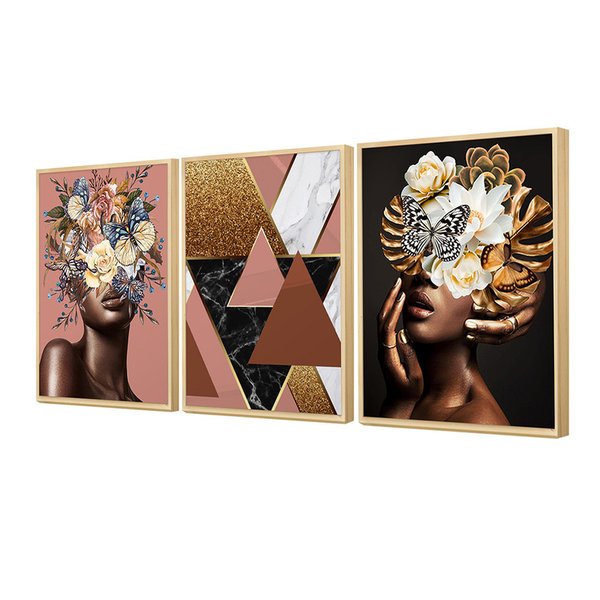 Kit 3 Quadros Decorativos Abstrato Geométrico Mulher Negra Flores Surreal Kit 3 Quadros Decorativos Abstrato Geométrico Mulher Negra Flores Surreal