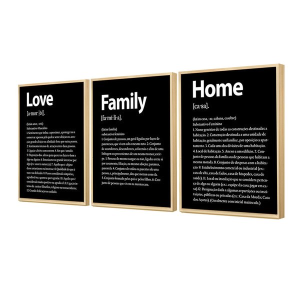 Kit 3 Quadros Decorativos para Corredor e Hall de Entrada Family Love Home Preto Kit 3 Quadros Decorativos para Corredor e Hall de Entrada Family Love Home Preto