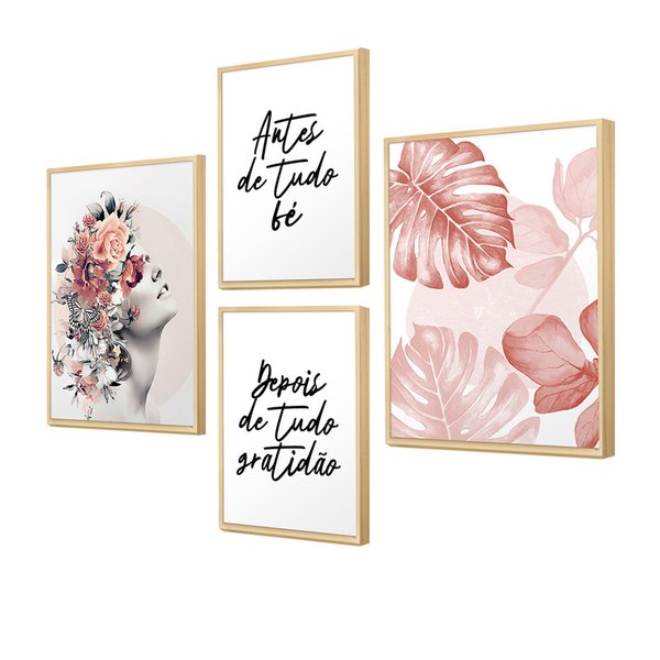 Kit 4 Quadros Modernos Quarto Casal Mulher Abstrato com Frases e Folhas Kit 4 Quadros Modernos Quarto Casal Mulher Abstrato com Frases e Folhas