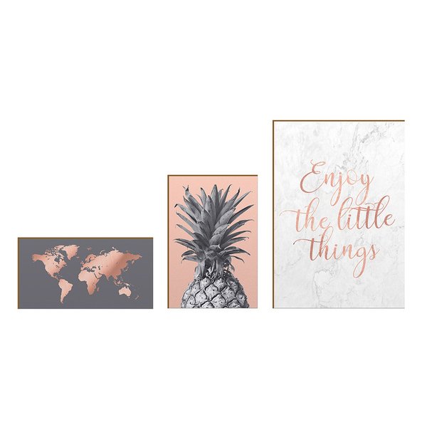 Kit 3 Placas Decorativas Sala Rose gold efeito Marmorizado Mapa Frase Alegre Kit 3 Placas Decorativas Sala Rose gold efeito Marmorizado Mapa Frase Alegre