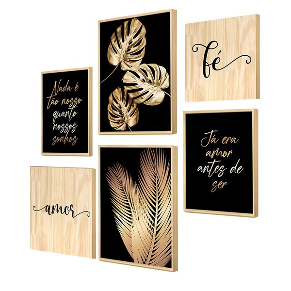 Kit 6 Quadros Modernos Decorativos para Sala com Folhas e Frases Douradas Kit 6 Quadros Modernos Decorativos para Sala com Folhas e Frases Douradas
