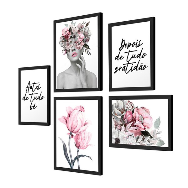 Kit 5 Quadros para Sala Mulher Rosa Surreal com Frases Kit 5 Quadros para Sala Mulher Rosa Surreal com Frases