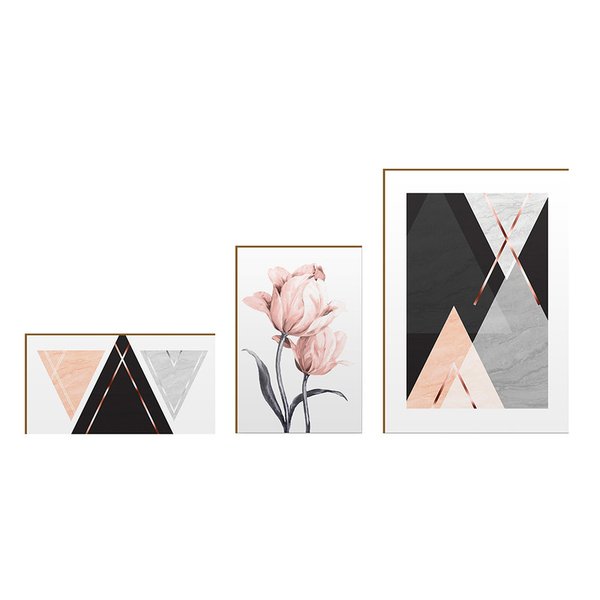 Kit 3 Placas Decorativas Quarto Geométrico Rose Gold Flores Kit 3 Placas Decorativas Quarto Geométrico Rose Gold Flores