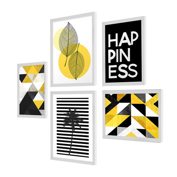 Kit 5 Quadros de Parede Sala Formas Geométricas Folhas Amarelo Kit 5 Quadros de Parede Sala Formas Geométricas Folhas Amarelo