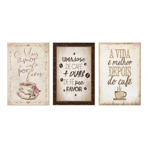 Kit 3 Quadros Decorativos para Cozinha Cantinho do Café Xícara Amor Frases