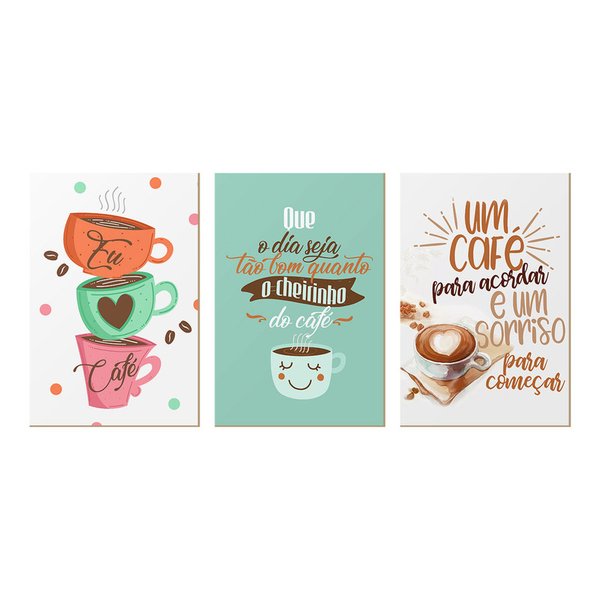 Trio de Quadros para Decoração Frases Café Xícara Cozinha Sala Trio de Quadros para Decoração Frases Café Xícara Cozinha Sala