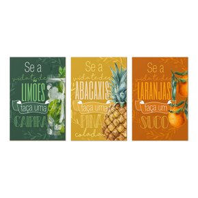 Kit 3 Quadros Decorativos para Cozinha Sala Frases Frutas Vida Bebidas