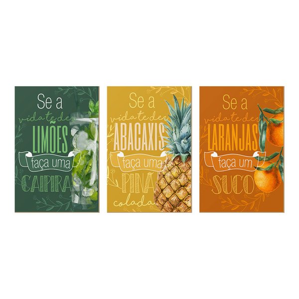 Kit 3 Quadros Decorativos para Cozinha Sala Frases Frutas Vida Bebidas Kit 3 Quadros Decorativos para Cozinha Sala Frases Frutas Vida Bebidas