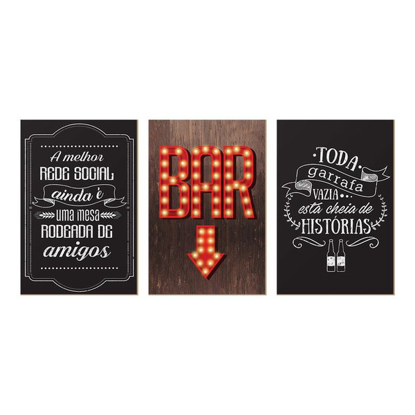 Kit 3 Quadros para Decoração Bar Frases Cozinha Bebida Amizade História Kit 3 Quadros para Decoração Bar Frases Cozinha Bebida Amizade História
