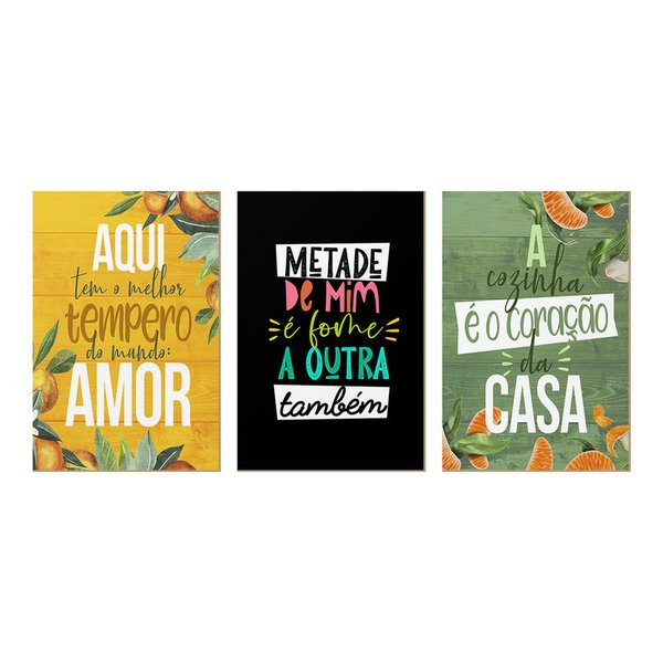 Kit 3 Quadros Decorativos para Cozinha Frases Casa Tempero Vida Amor Kit 3 Quadros Decorativos para Cozinha Frases Casa Tempero Vida Amor