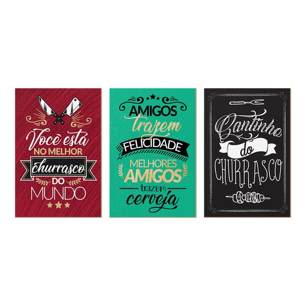 Kit 3 Quadros Decorativos Frases Felicidade Cantinho do Churrasco Cozinha Kit 3 Quadros Decorativos Frases Felicidade Cantinho do Churrasco Cozinha
