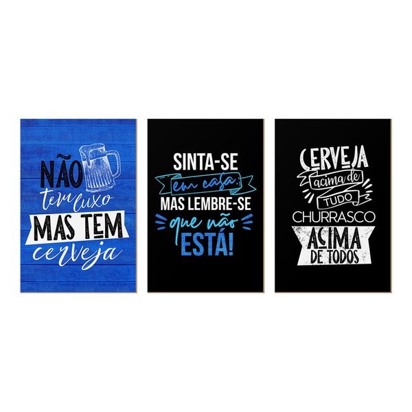 Kit 3 Quadros para Decoração Cozinha Frases Bebida Churrasco Casa