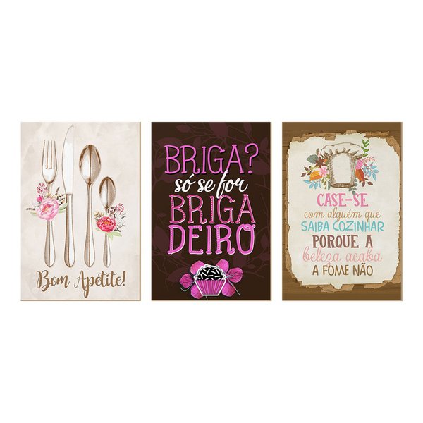 Kit 3 Quadros para Decoração Frases Cozinha Casamento Flores Bom Apetite Kit 3 Quadros para Decoração Frases Cozinha Casamento Flores Bom Apetite