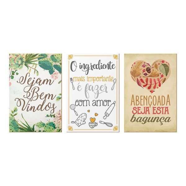 Kit 3 Quadros Decorativos para Cozinha Frases Folhas Amor Bem vindos Kit 3 Quadros Decorativos para Cozinha Frases Folhas Amor Bem vindos