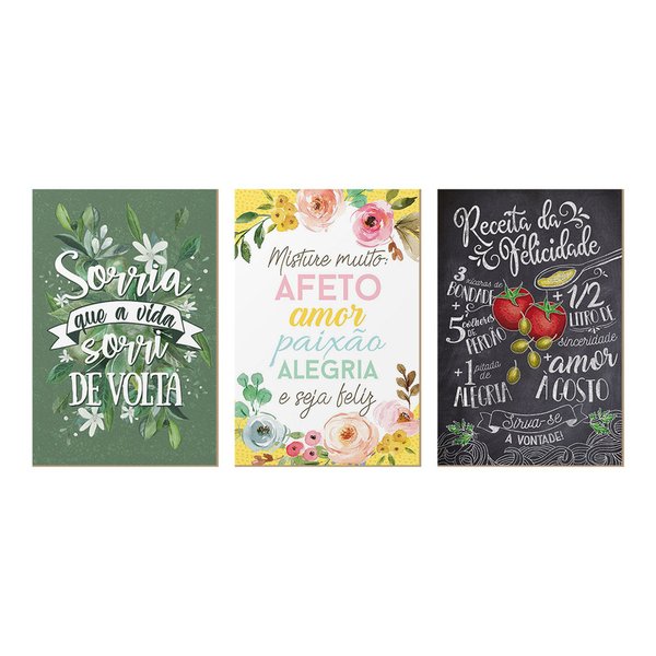 Trio de Quadros Decorativos Frases Cozinha Flores Casa Amor Receitas Felicidade Trio de Quadros Decorativos Frases Cozinha Flores Casa Amor Receitas Felicidade
