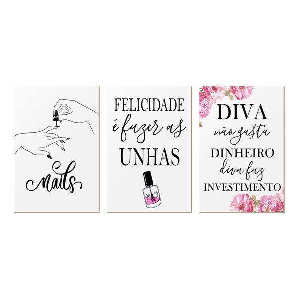 Kit 3 Quadros Decorativos Manicure Unhas Minimalista Flores Kit 3 Quadros Decorativos Manicure Unhas Minimalista Flores