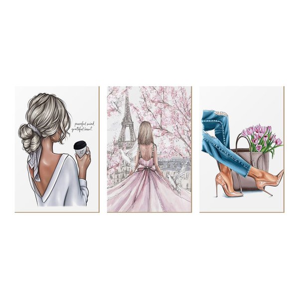 Kit 3 Quadros Decorativos para Quarto Feminino Viagem Paris Flores Kit 3 Quadros Decorativos para Quarto Feminino Viagem Paris Flores