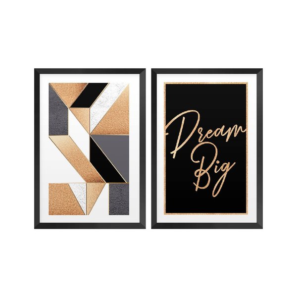 Kit 2 Quadros Decorativos Frases Geométrico Dourado Quarto Kit 2 Quadros Decorativos Frases Geométrico Dourado Quarto