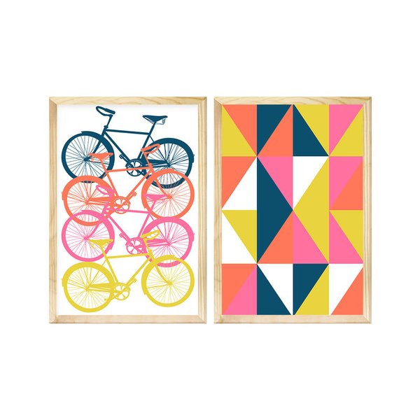 Kit 2 Quadros Decorativos Quarto Moldura Pinus Bicicletas e Geométrico Colorido Kit 2 Quadros Decorativos Quarto Moldura Pinus Bicicletas e Geométrico Colorido